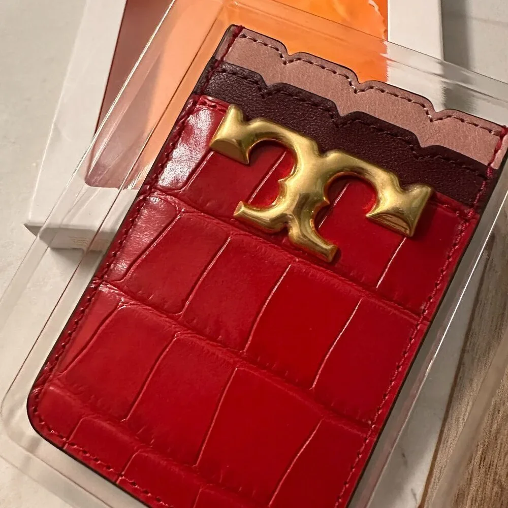 NWT! NEW! Tory Burch Eleanor Gold Logo Phone Card Pocket Holder Croc Embossed